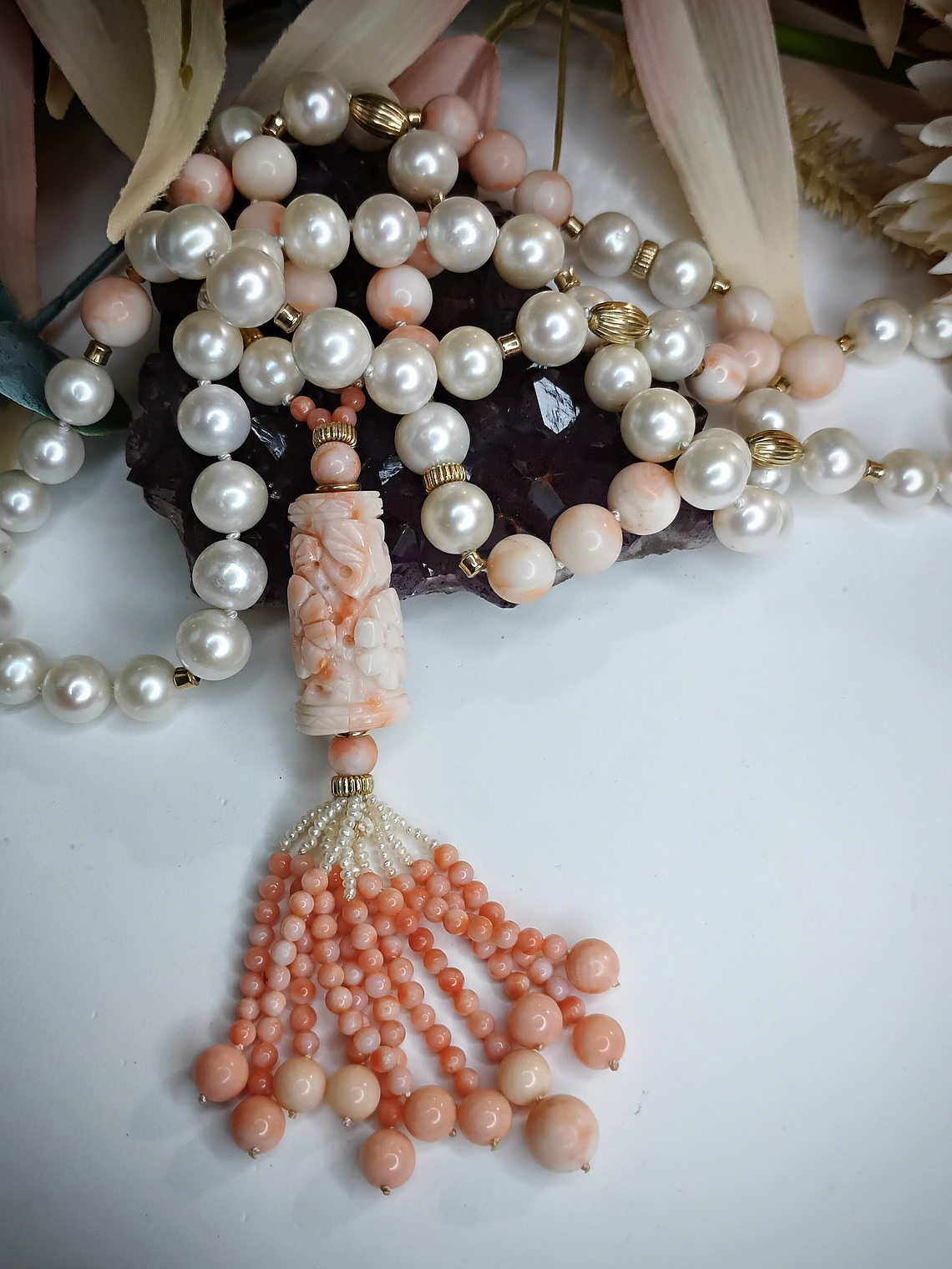 RTS - Long - 14k gold, AA+ Freshwater pearls with Antique - Hand Carved Angel skin coral necklace  5