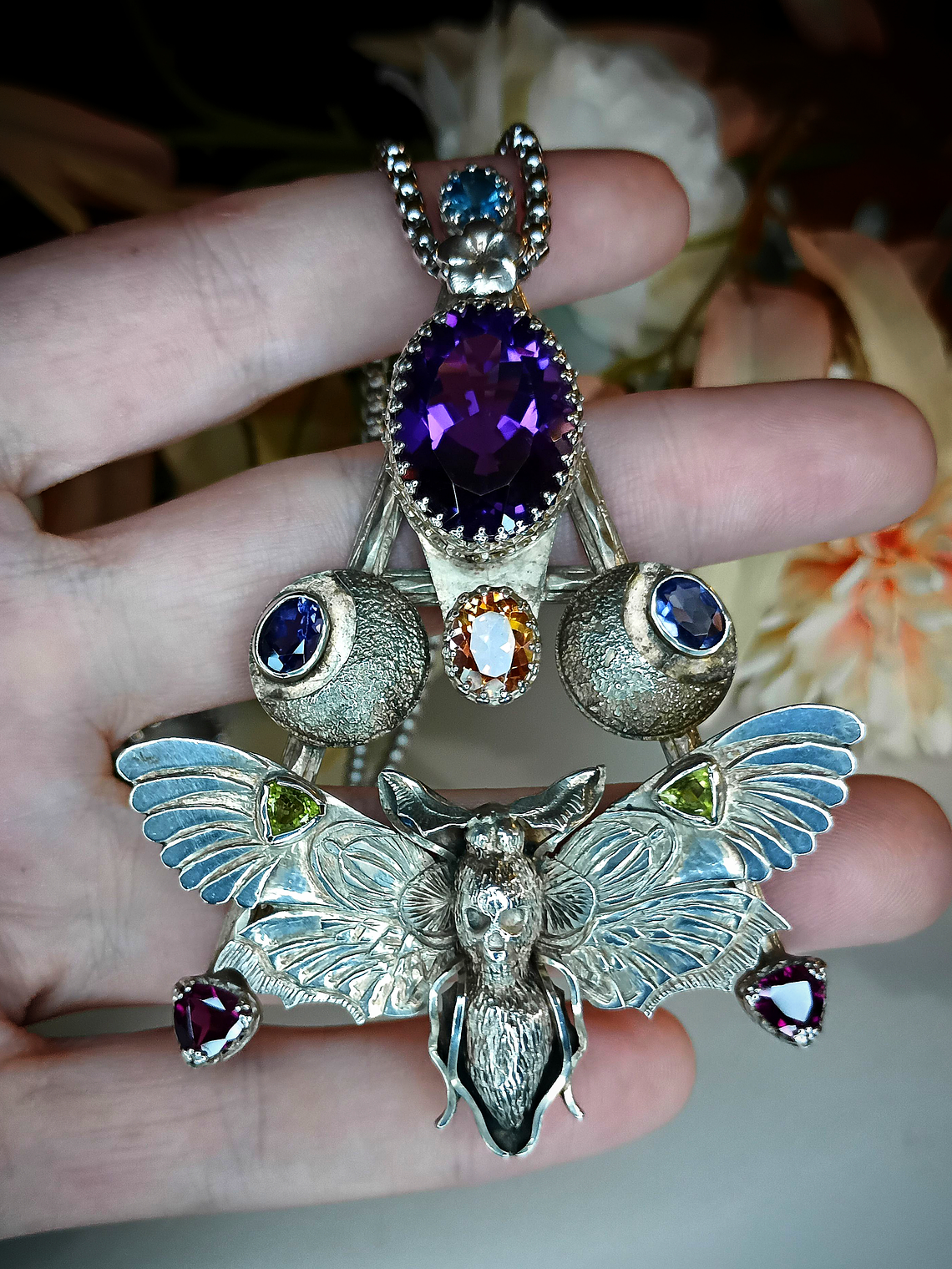 RTS - Huge hand carved/engraved Death Head Hawks moth pendant - Sterling - Video⏯ 8