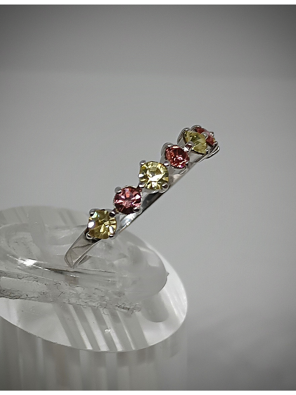 .84Tcw ☢ 7 stone, Rose pink & Vaseline yellow UG glass ring,  - Size 7.25 - Sterling  2