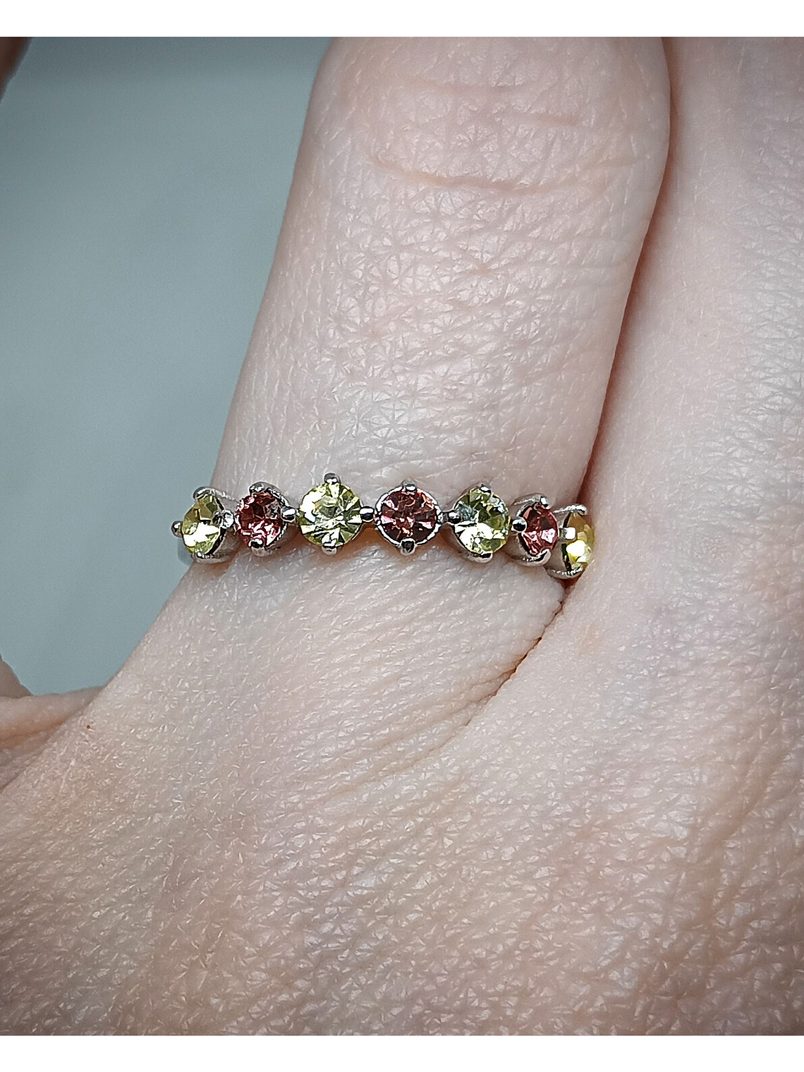 .84Tcw ☢ 7 stone, Rose pink & Vaseline yellow UG glass ring,  - Size 7.25 - Sterling  3