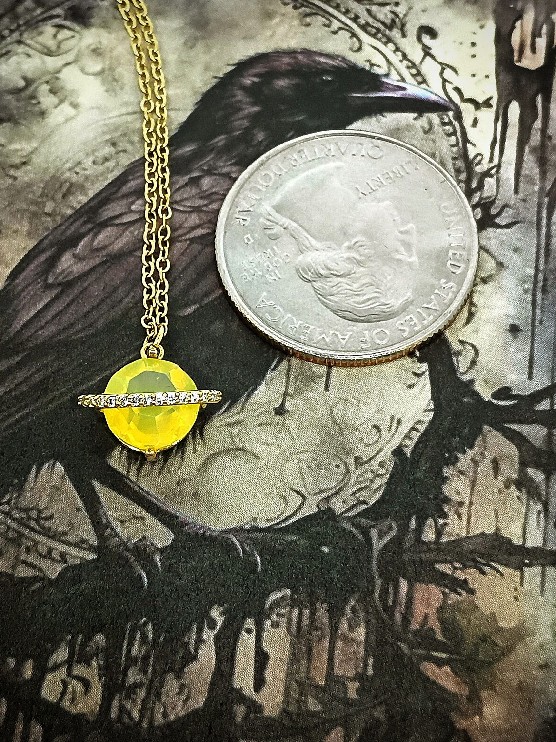  2ct ☢, 8mm Diamond cut, Yellow opal UG Saturn planet necklace - 14k Gold-plate - Costume 👑 2