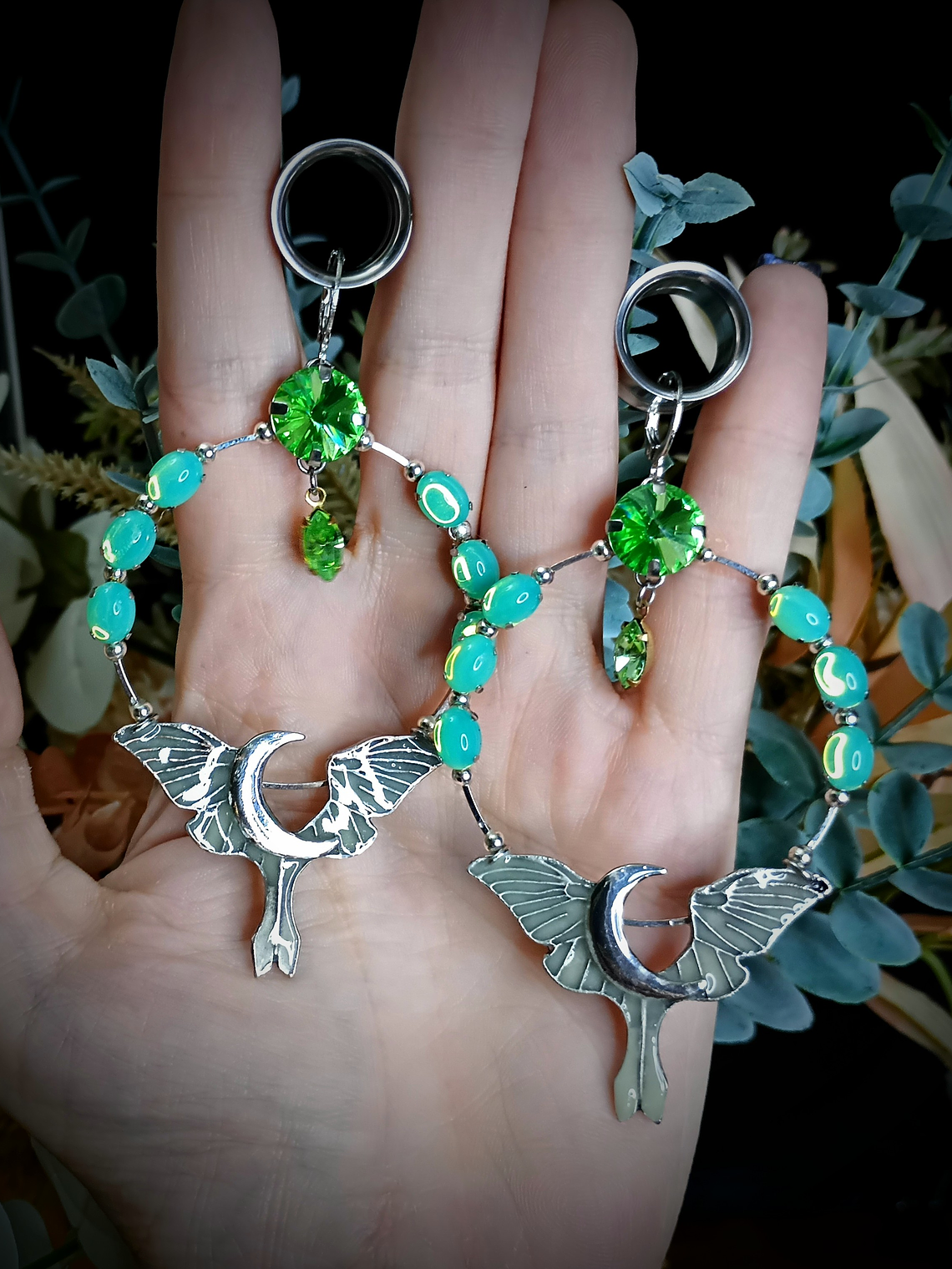 RTS - Long dangle ☢ Crescent moon Luna moth earrings, Loaded with UG 2