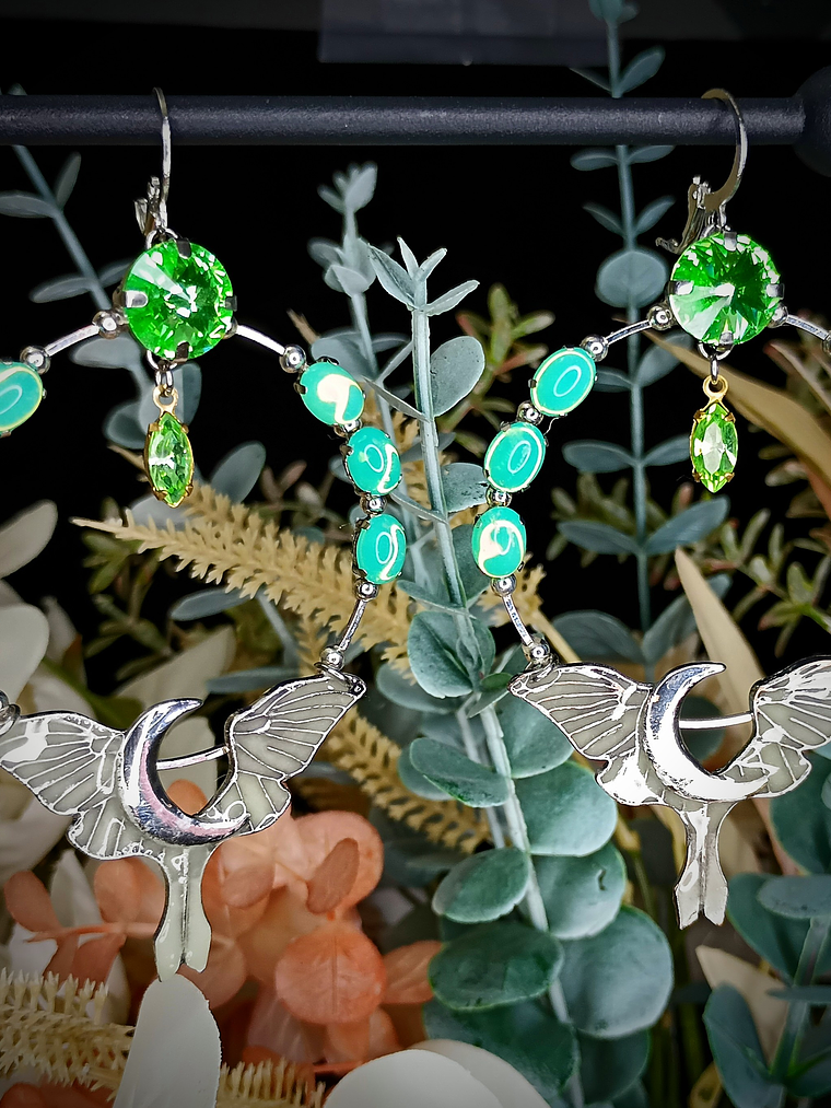 RTS - Long dangle ☢ Crescent moon Luna moth earrings, Loaded with UG 1