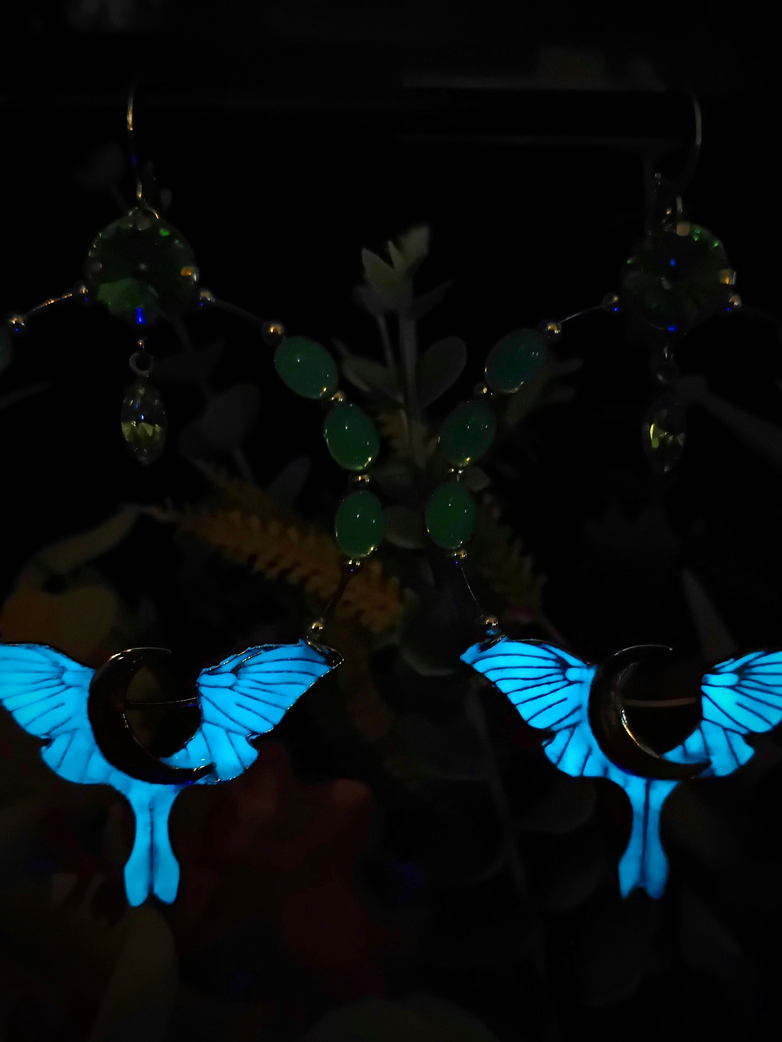 RTS - Long dangle ☢ Crescent moon Luna moth earrings, Loaded with UG 6