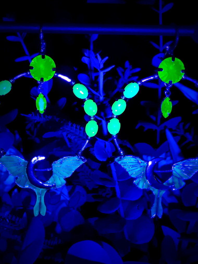 RTS - Long dangle ☢ Crescent moon Luna moth earrings, Loaded with UG 4
