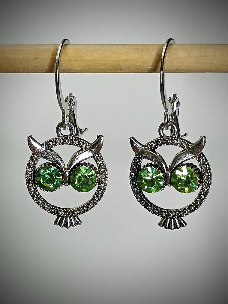 RTS - Yellow opal or Green apple Owl earrings ☢ vintage UG - Silver-plate 3