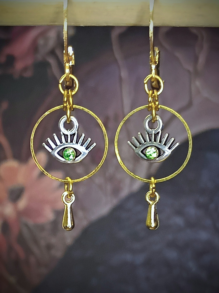 RTS - Protection eye, Peridot green ☢ UG earrings - STL/SS/GP 1