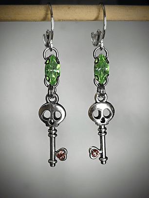 RTS ☢ Cute Skeleton key earrings Peridot & Pink UG  - Silver-plated stainless