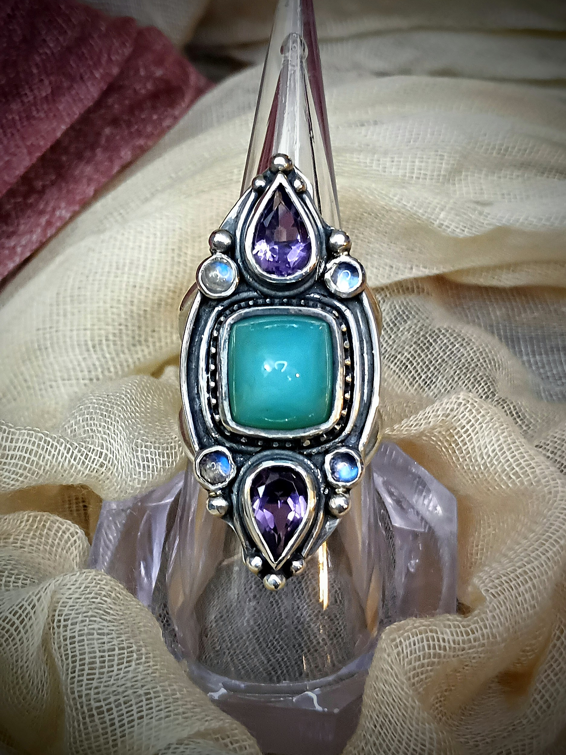Stunning Chrysoprase Statement ring, amethyst and moonstone - Sz8 - Sterling 5