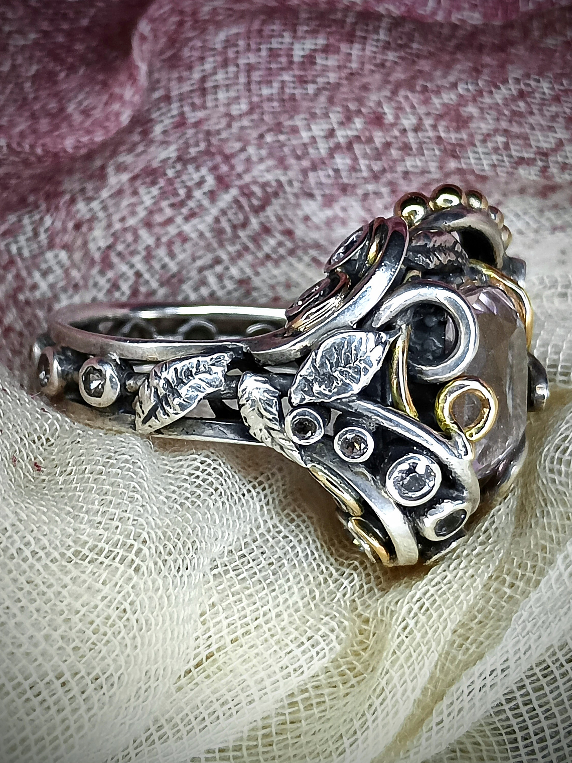 RTS - Sz 8.5 Kunzite sterling and gold Butterfly ring, Sterling & 14k - Video ⏯ 7