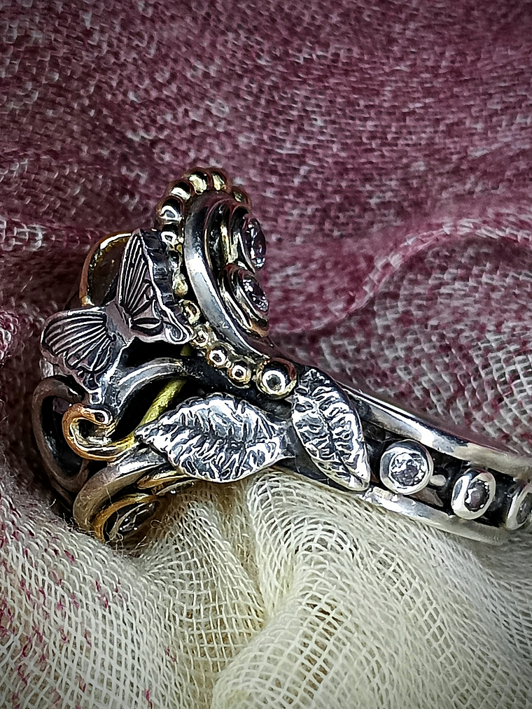 RTS - Sz 8.5 Kunzite sterling and gold Butterfly ring, Sterling & 14k - Video ⏯ 8