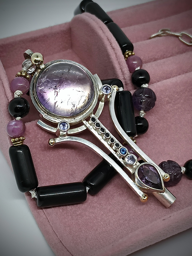Brandenburg Amethyst Talisman with beaded gemstone necklace - Sterling 9