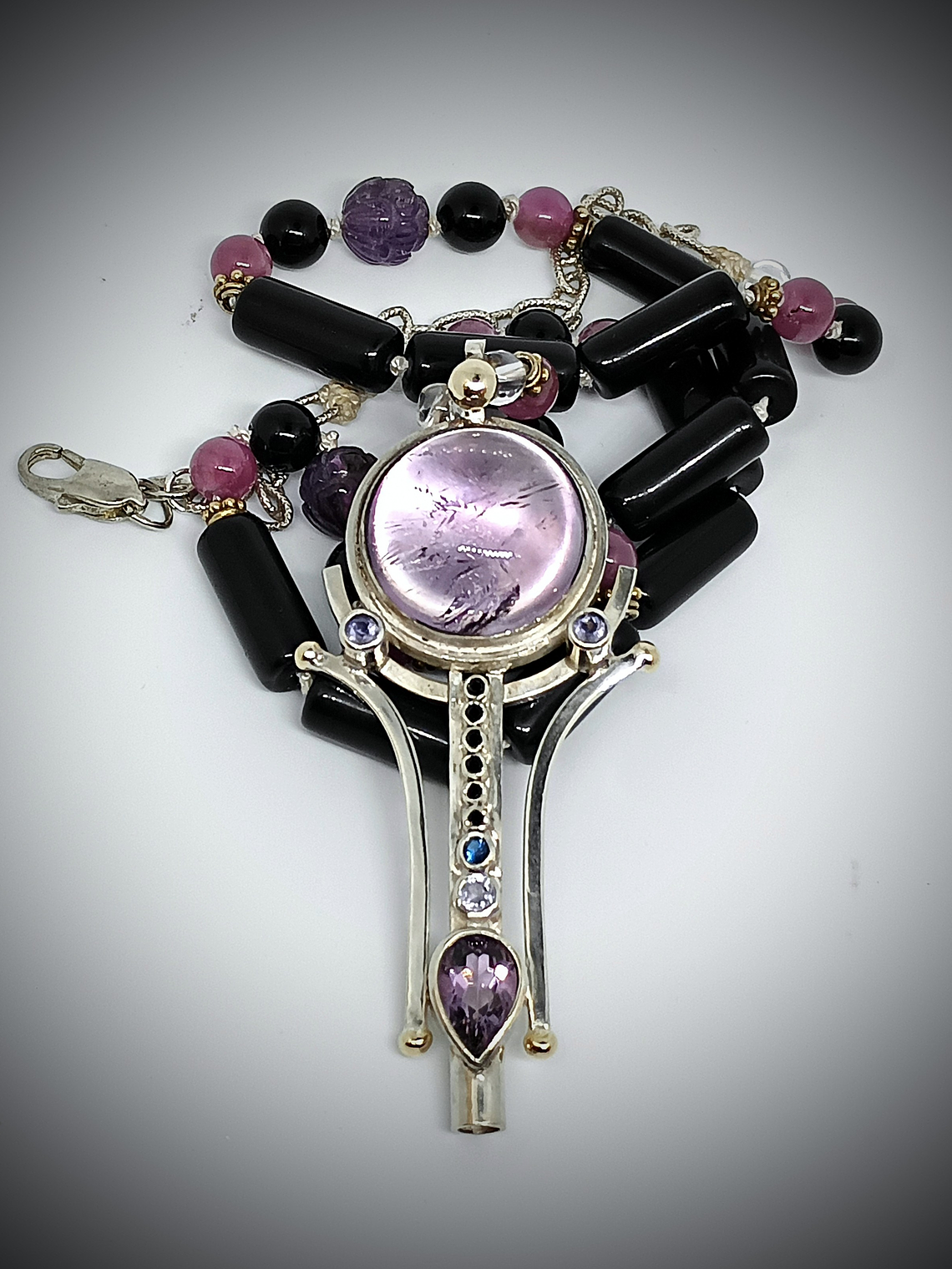 Brandenburg Amethyst Talisman with beaded gemstone necklace - Sterling 11