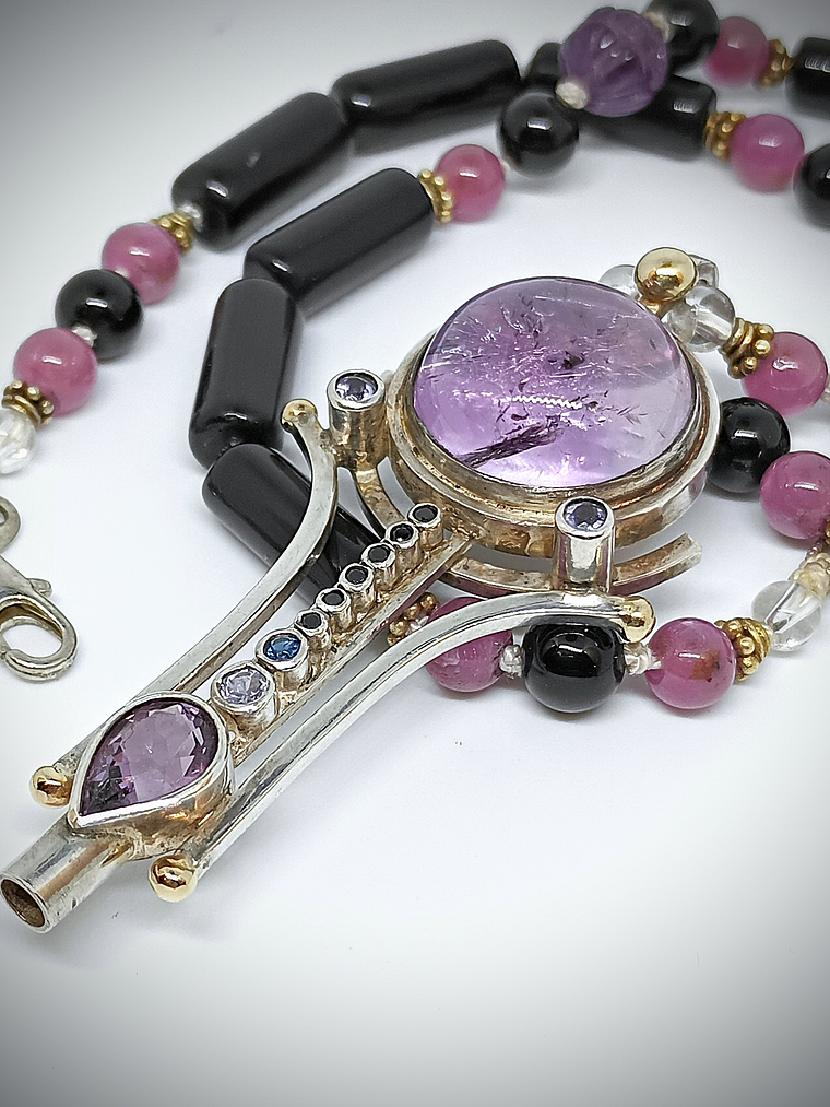 Brandenburg Amethyst Talisman with beaded gemstone necklace - Sterling 15
