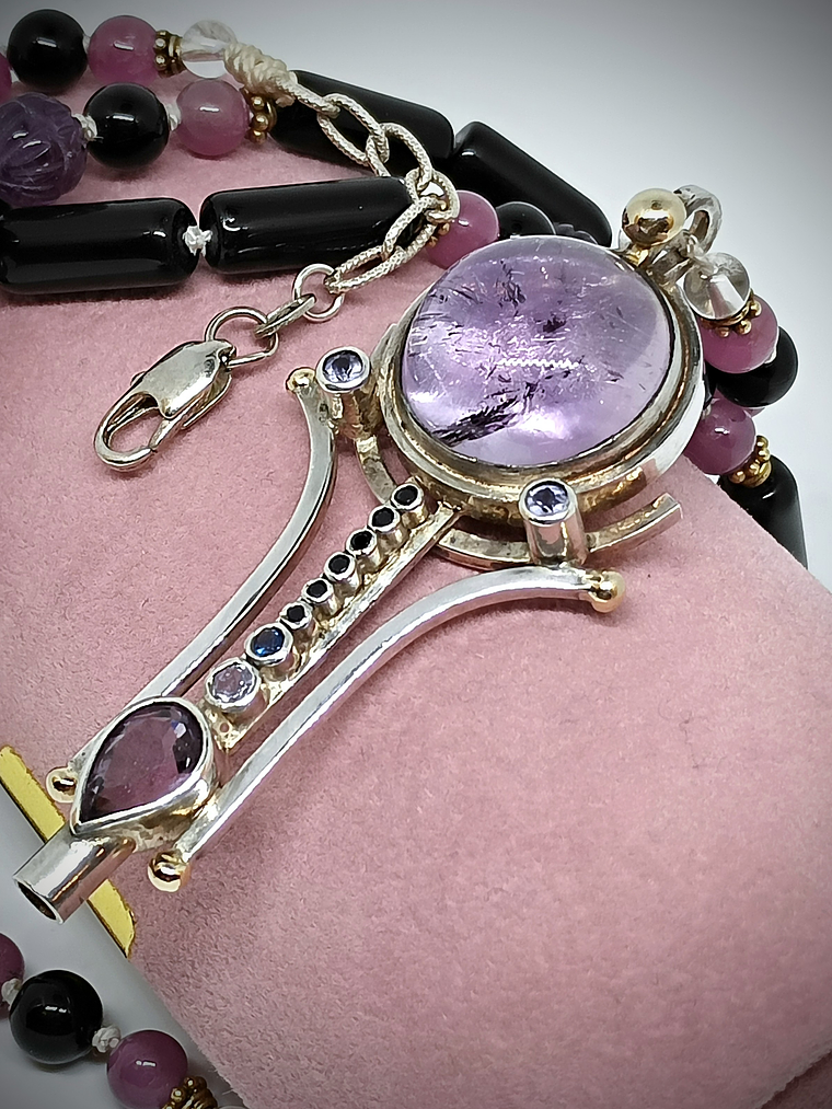 Brandenburg Amethyst Talisman with beaded gemstone necklace - Sterling 14