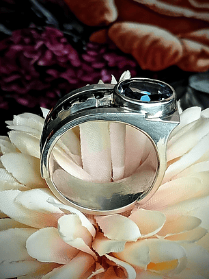 Steely London Blue topaz and black spinel Unisex ring - Sz9 - Sterling