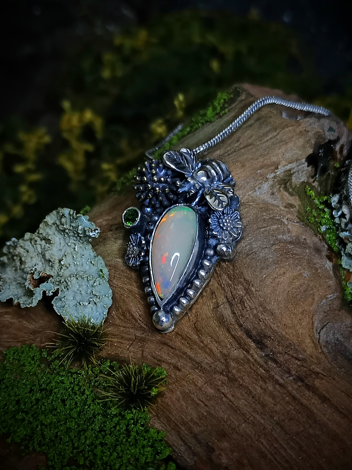 MTO - Sterling Honey bee necklace with Welo Opal, Chrome diopside - Sterling 3