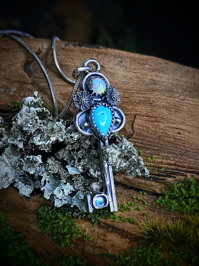 MTO - Opal, Turquoise and moonstone Key pendant - Sterling 3