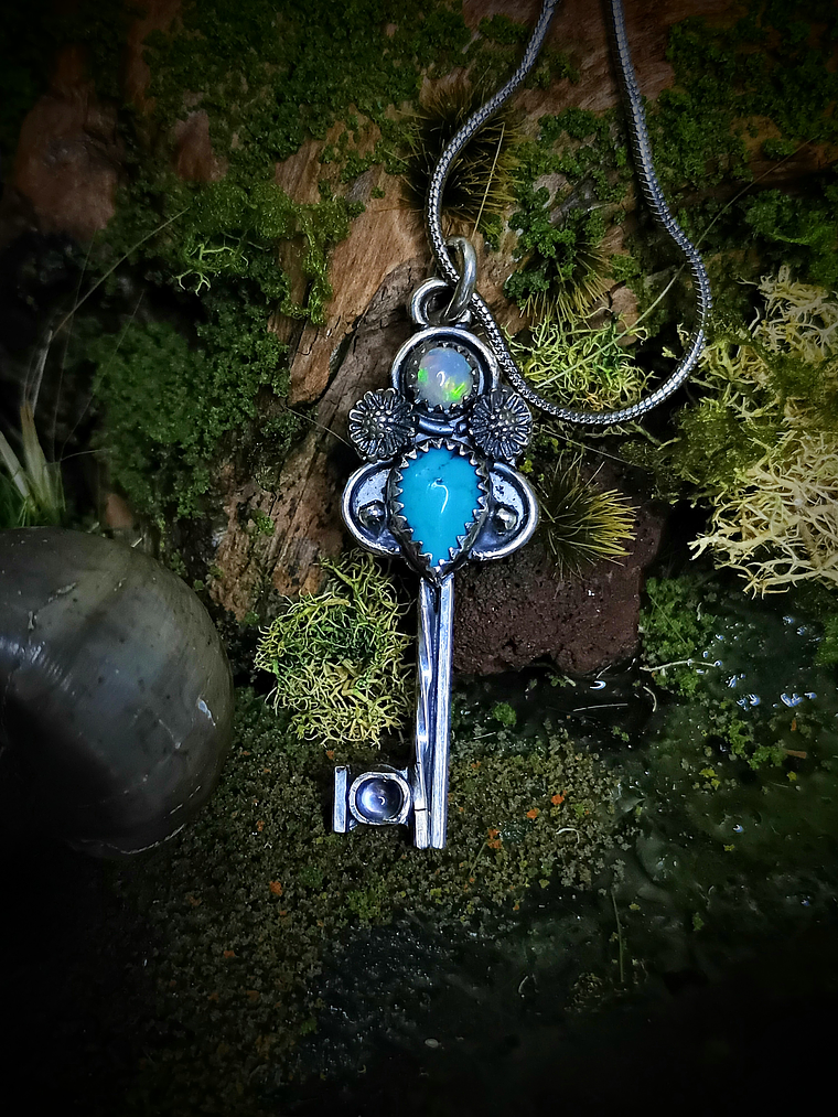 MTO - Opal, Turquoise and moonstone Key pendant - Sterling 7