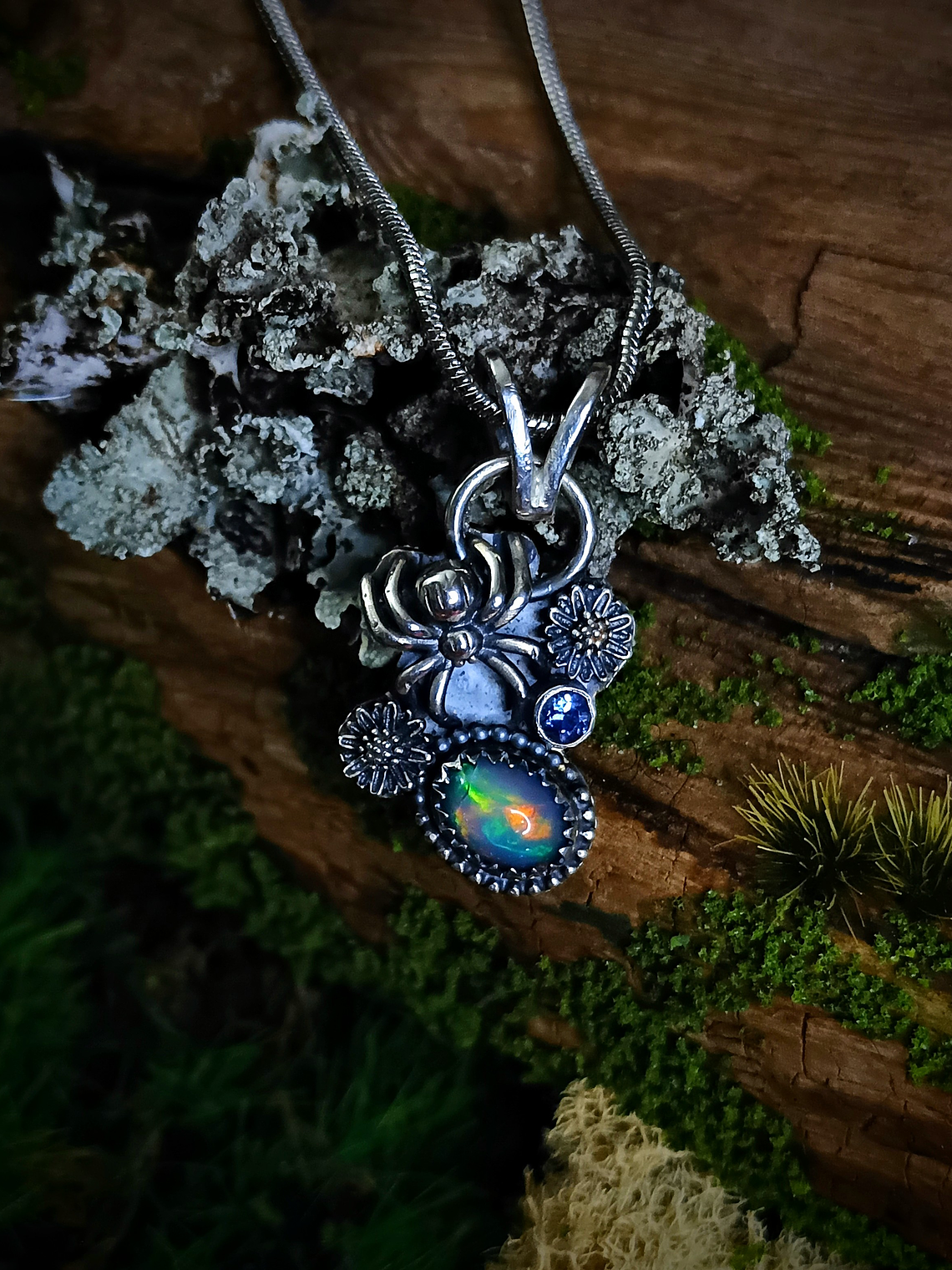 MTO - Opal and Chrome diopside Spider necklace - Sterling 3