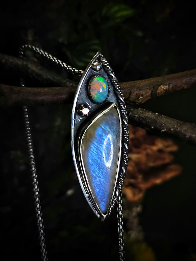 Sterling silver Unisex Moonstone and Opal pendant necklace - Sterling - Ooak 1