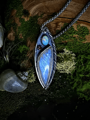 Sterling silver Unisex Moonstone and Opal pendant necklace - Sterling - Ooak