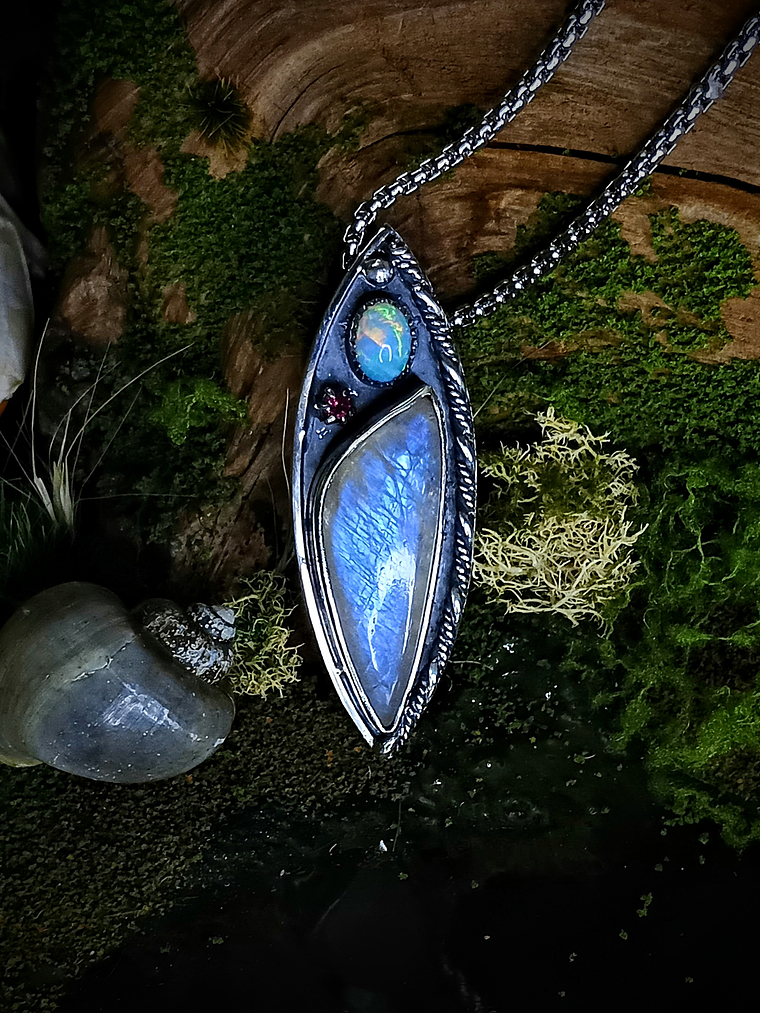 Sterling silver Unisex Moonstone and Opal pendant necklace - Sterling - Ooak 2