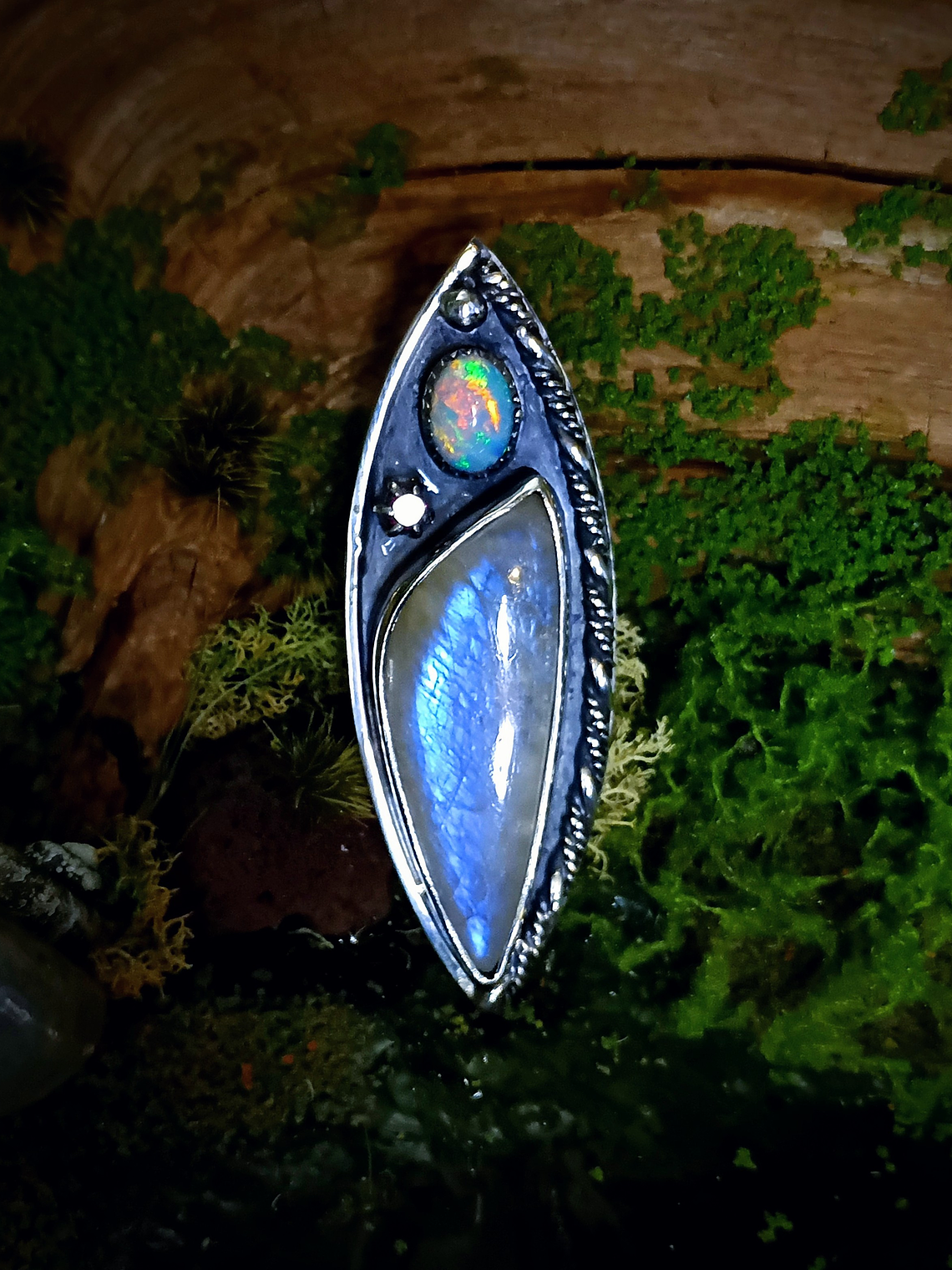 Sterling silver Unisex Moonstone and Opal pendant necklace - Sterling - Ooak 3