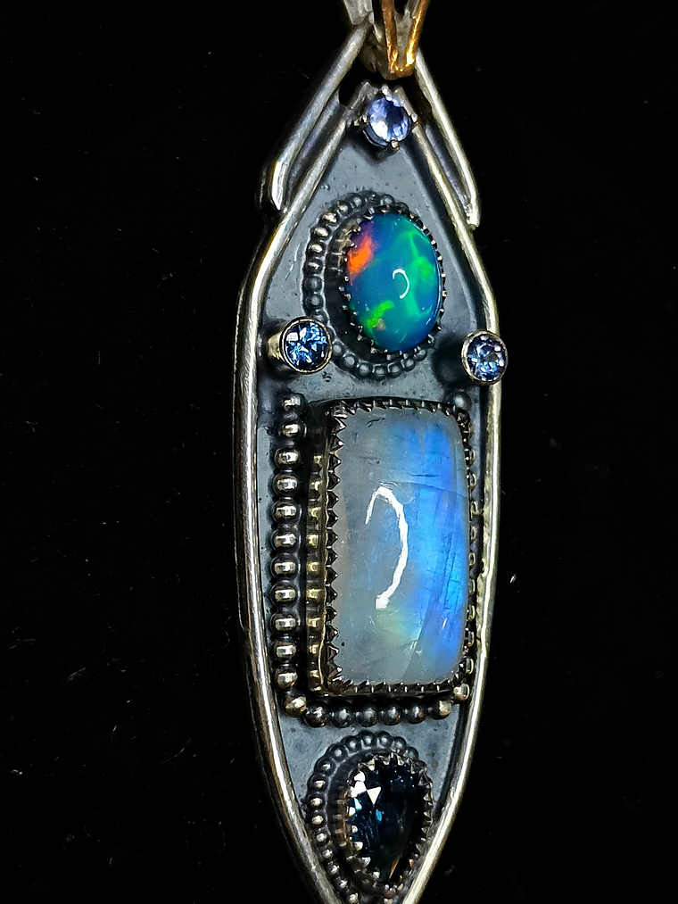 RTS - Moonstone and Opal, unisex talisman pendant - Sterling - Ooak 6