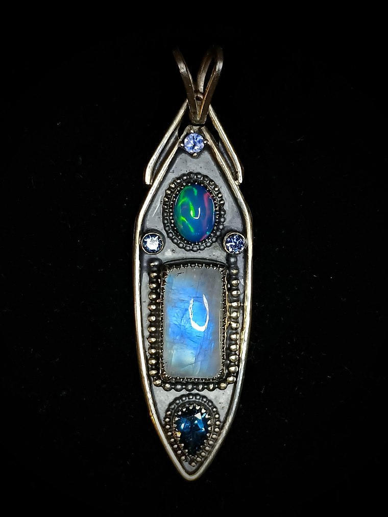 RTS - Moonstone and Opal, unisex talisman pendant - Sterling - Ooak 5