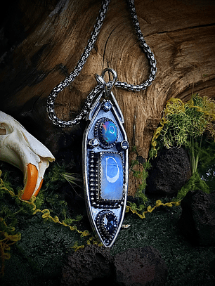 Moonstone and Opal, unisex talisman pendant - Sterling - Ooak