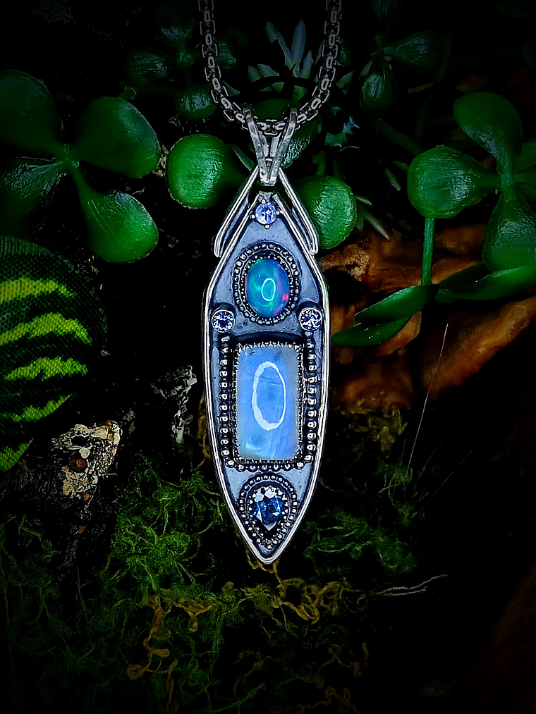 RTS - Moonstone and Opal, unisex talisman pendant - Sterling - Ooak 3