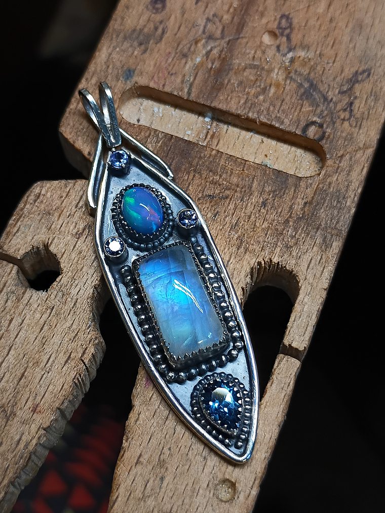 RTS - Moonstone and Opal, unisex talisman pendant - Sterling - Ooak 4