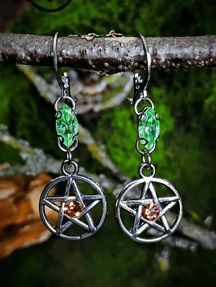 Silver tone Pentagram earrings with Pink and Green ☢ UG  - Stainless and mixed metals 