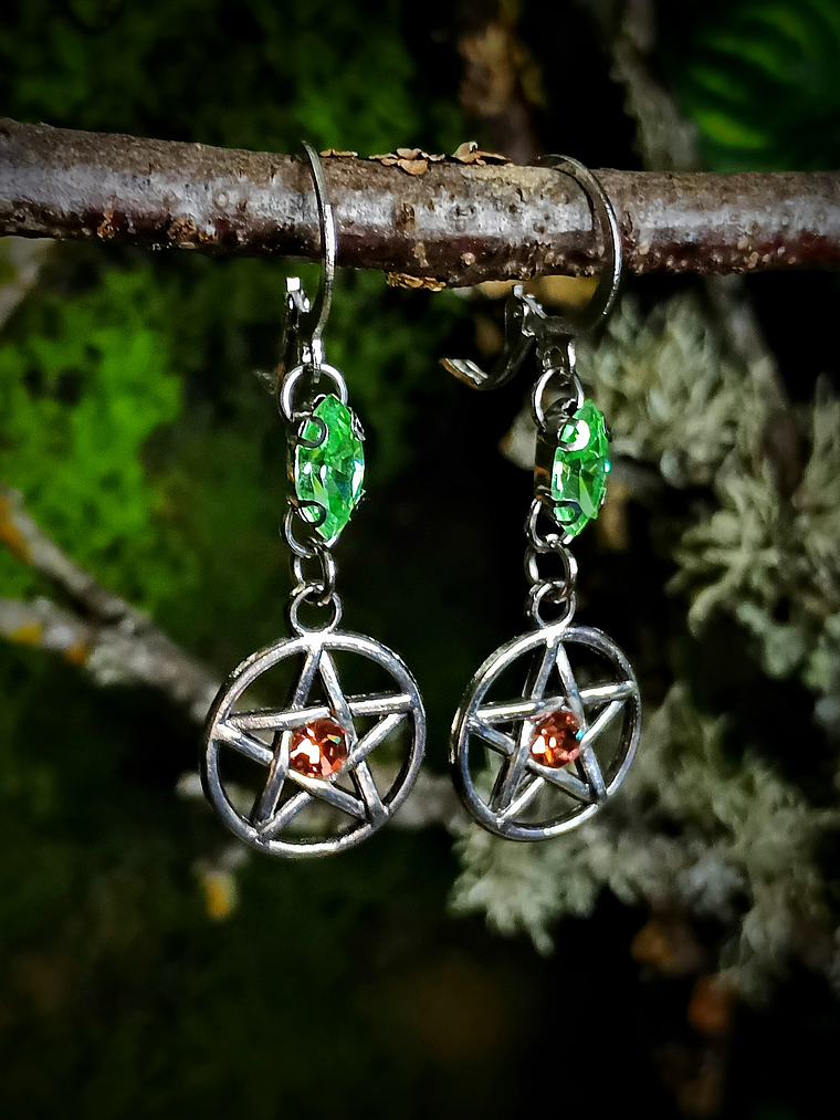 Silver tone Pentagram earrings with Pink and Green ☢ UG  - Stainless and mixed metals  2