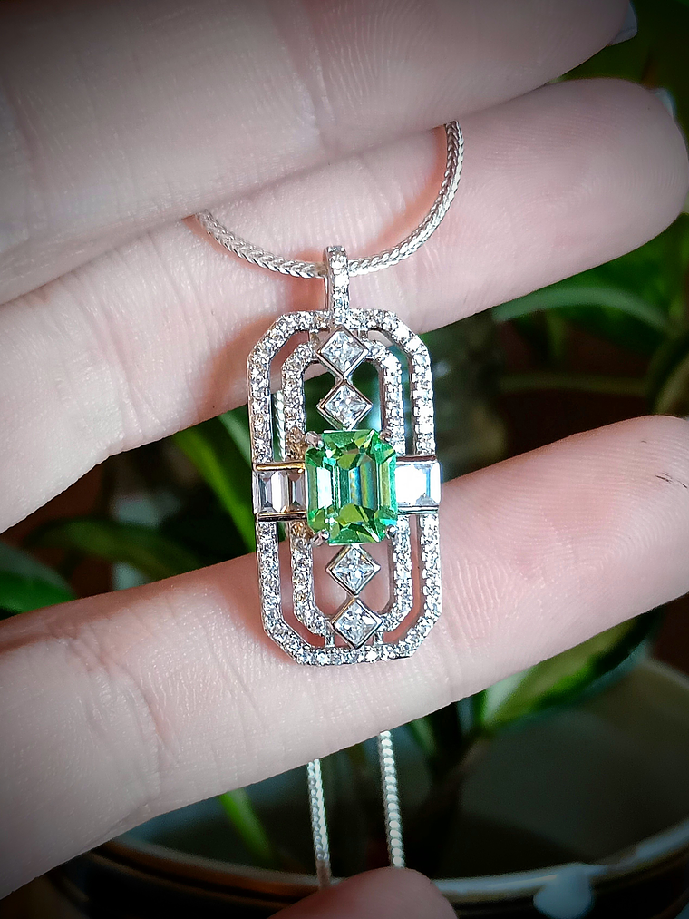 RTS ☢  Art Deco inspired Emerald cut Apple green uranium glass pendant - Sterling 3