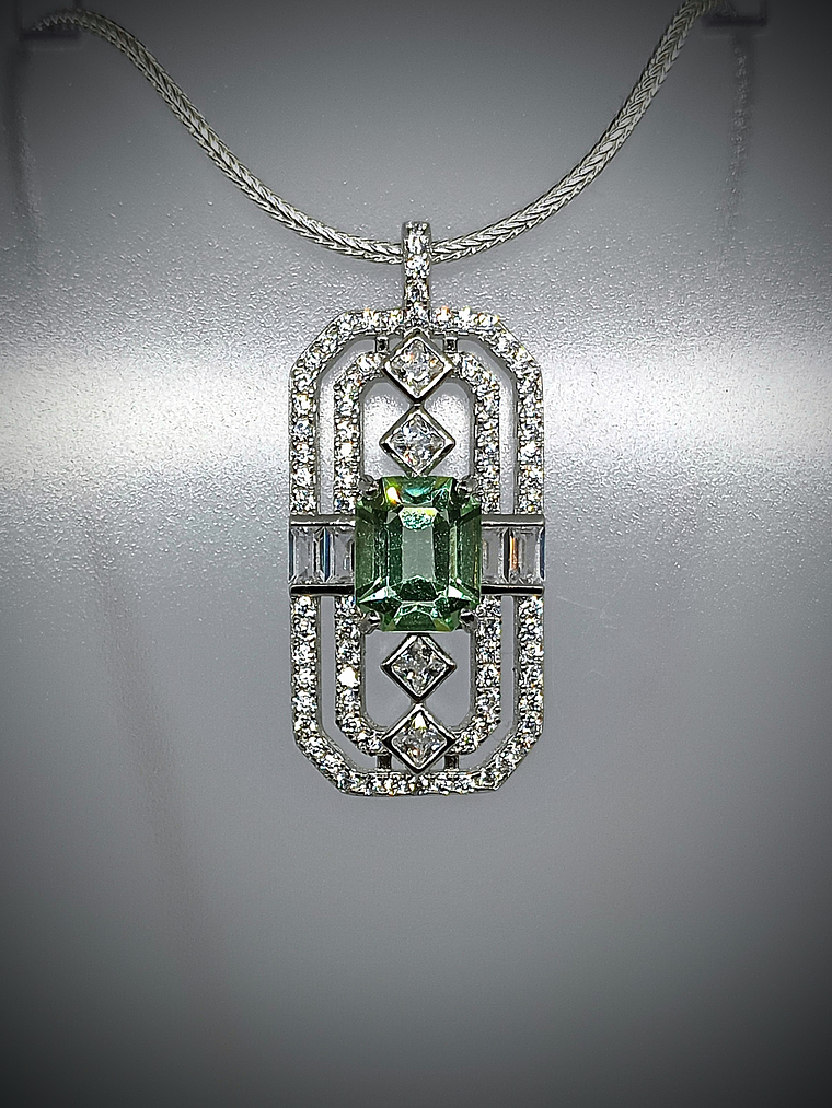 RTS ☢  Art Deco inspired Emerald cut Apple green uranium glass pendant - Sterling 1