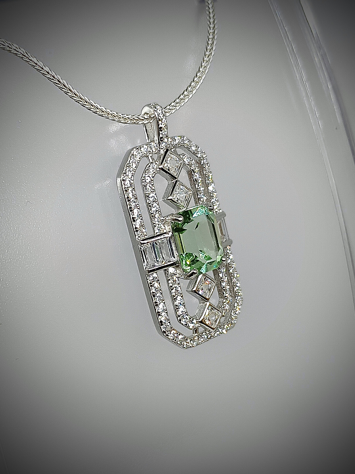 RTS ☢  Art Deco inspired Emerald cut Apple green uranium glass pendant - Sterling 4