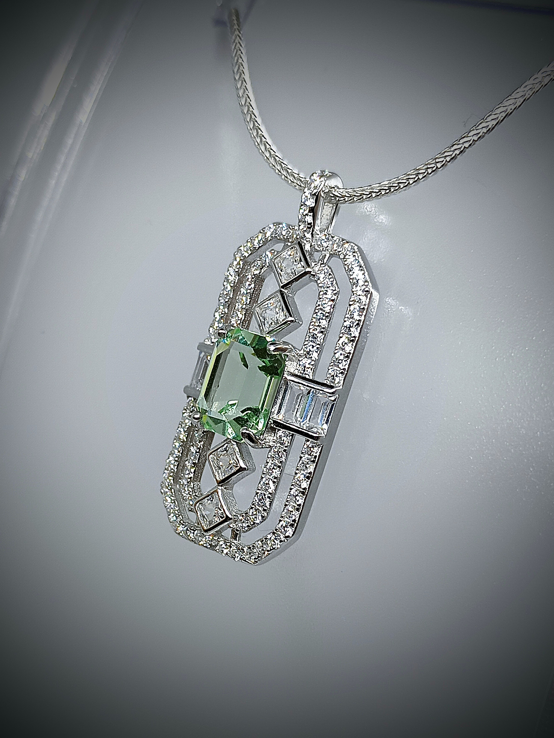 RTS ☢  Art Deco inspired Emerald cut Apple green uranium glass pendant - Sterling 5