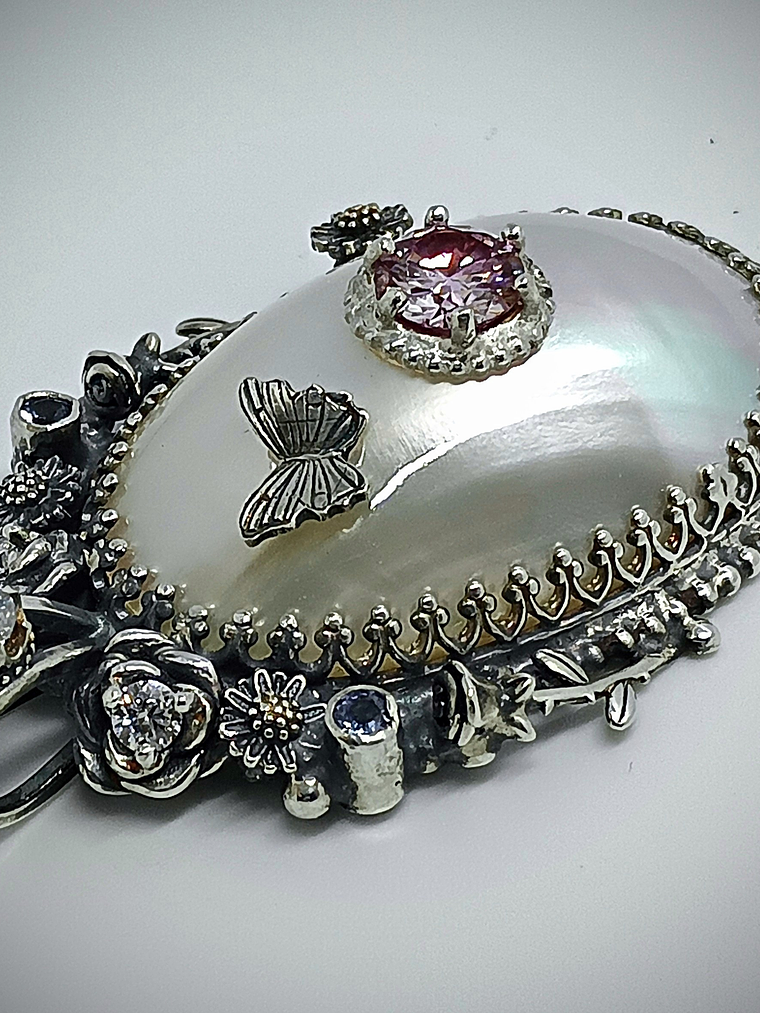 RTS - White Osmena pearl with pink and white moisonite necklace - Sterling 3