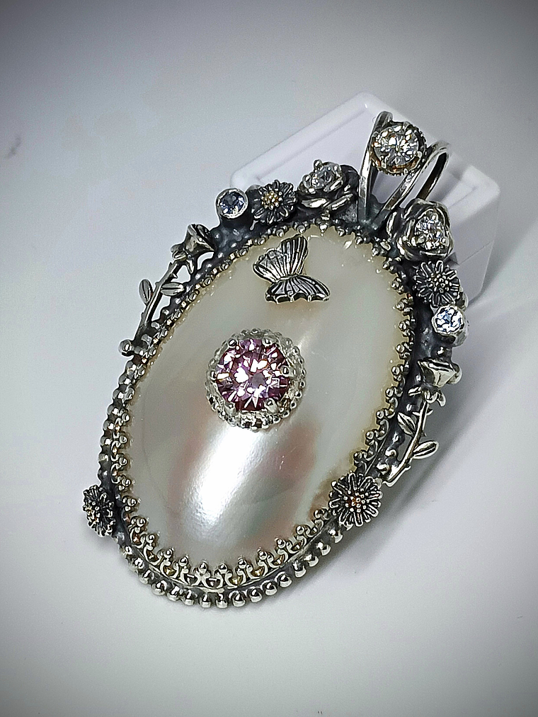 RTS - White Osmena pearl with pink and white moisonite necklace - Sterling 4