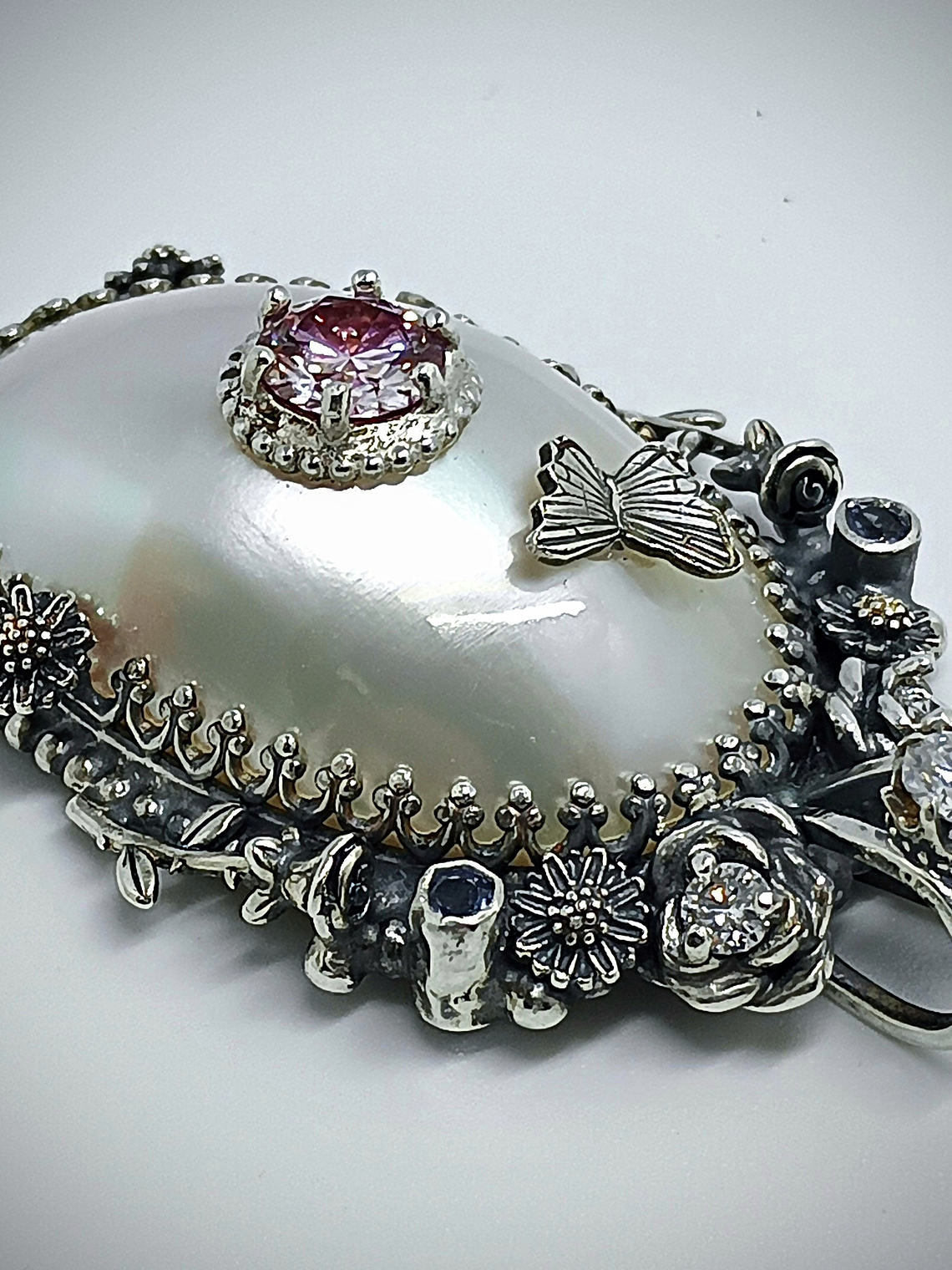 RTS - White Osmena pearl with pink and white moisonite necklace - Sterling 5