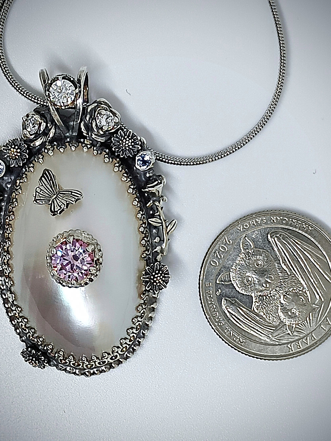 RTS - White Osmena pearl with pink and white moisonite necklace - Sterling 6