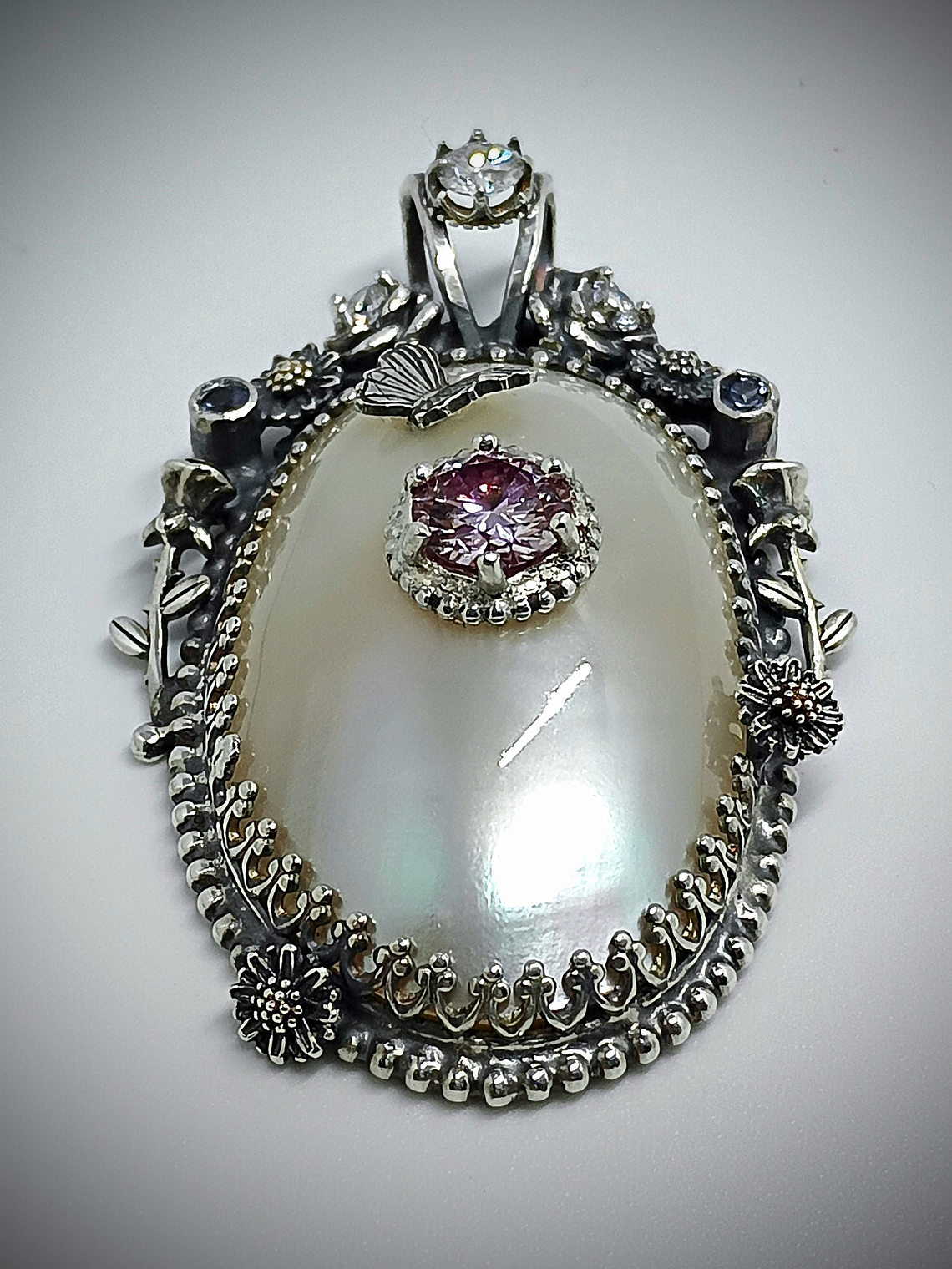 RTS - White Osmena pearl with pink and white moisonite necklace - Sterling 7