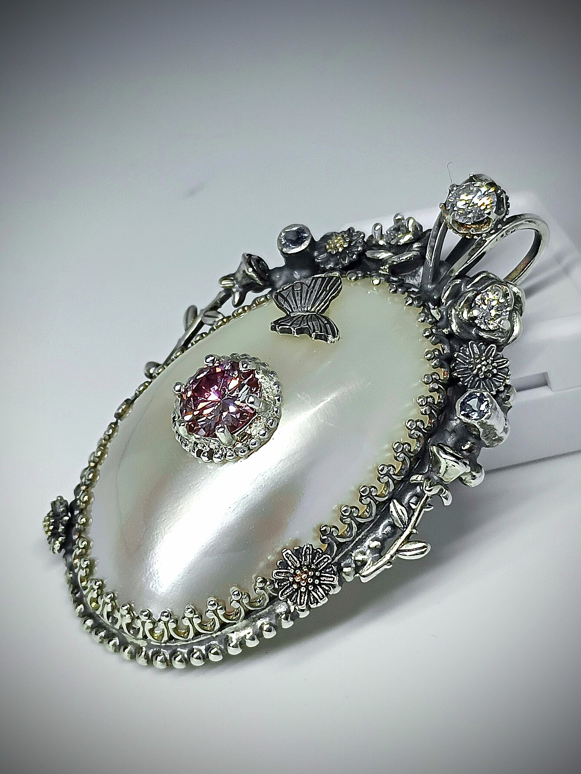 RTS - White Osmena pearl with pink and white moisonite necklace - Sterling 11