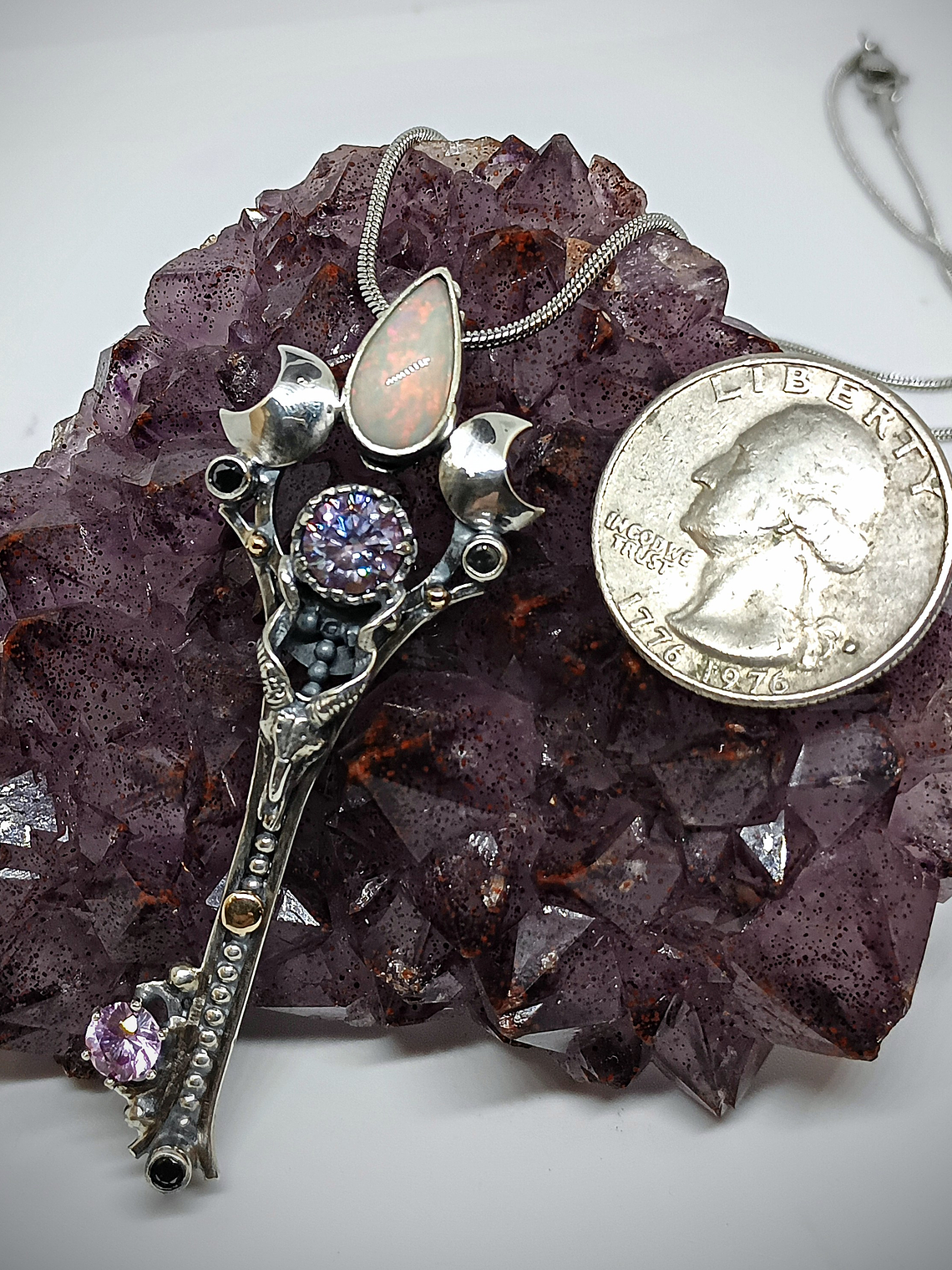 RTS - Crescent moon & Antelope skull key pendant with Imperial purple Moisonite and opal - Sterling 1