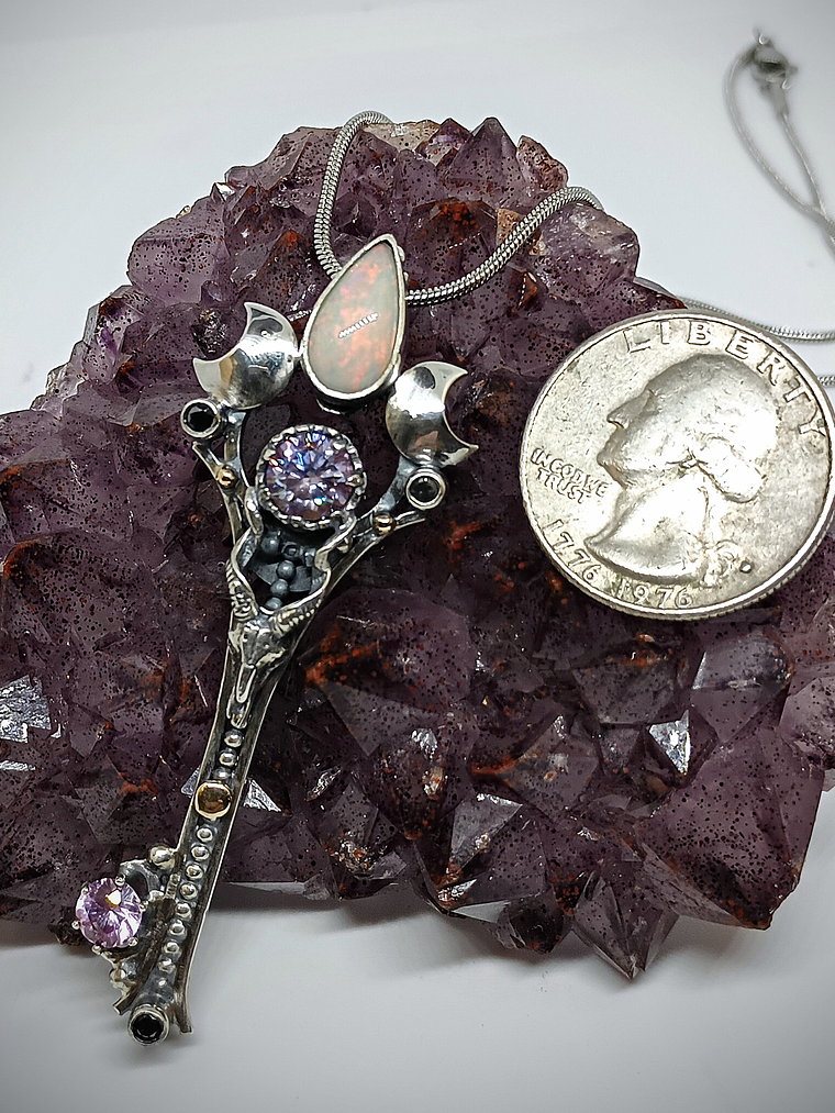 RTS - Crescent moon & Antelope skull key pendant with Imperial purple Moisonite and opal - Sterling 1