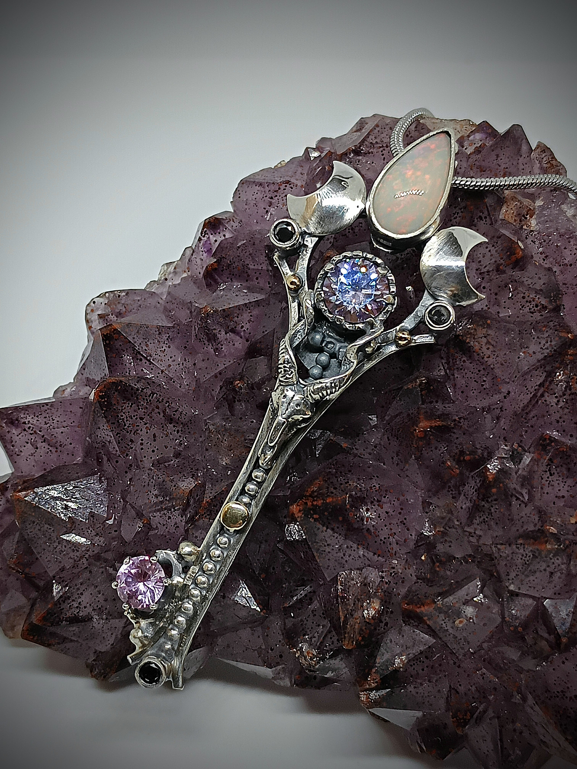 RTS - Crescent moon & Antelope skull key pendant with Imperial purple Moisonite and opal - Sterling 2