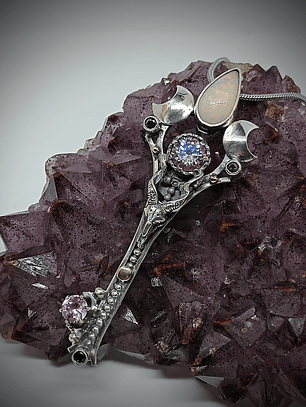 Crescent moon & Antelope skull key pendant with imperial purple Moisonite and opal