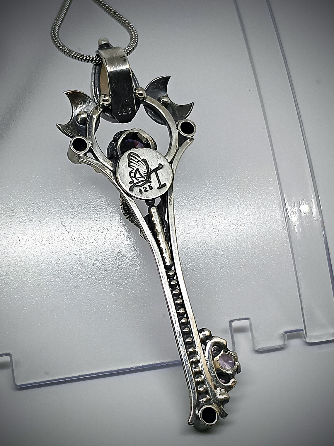 RTS - Crescent moon & Antelope skull key pendant with Imperial purple Moisonite and opal - Sterling 3